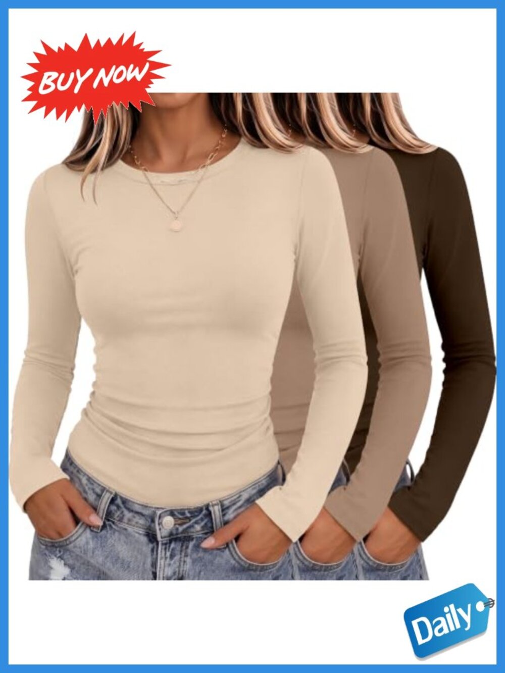 Women's Long Sleeve Crew Neck Slim Fit Tops 3 Pack Cotton Blend Tees